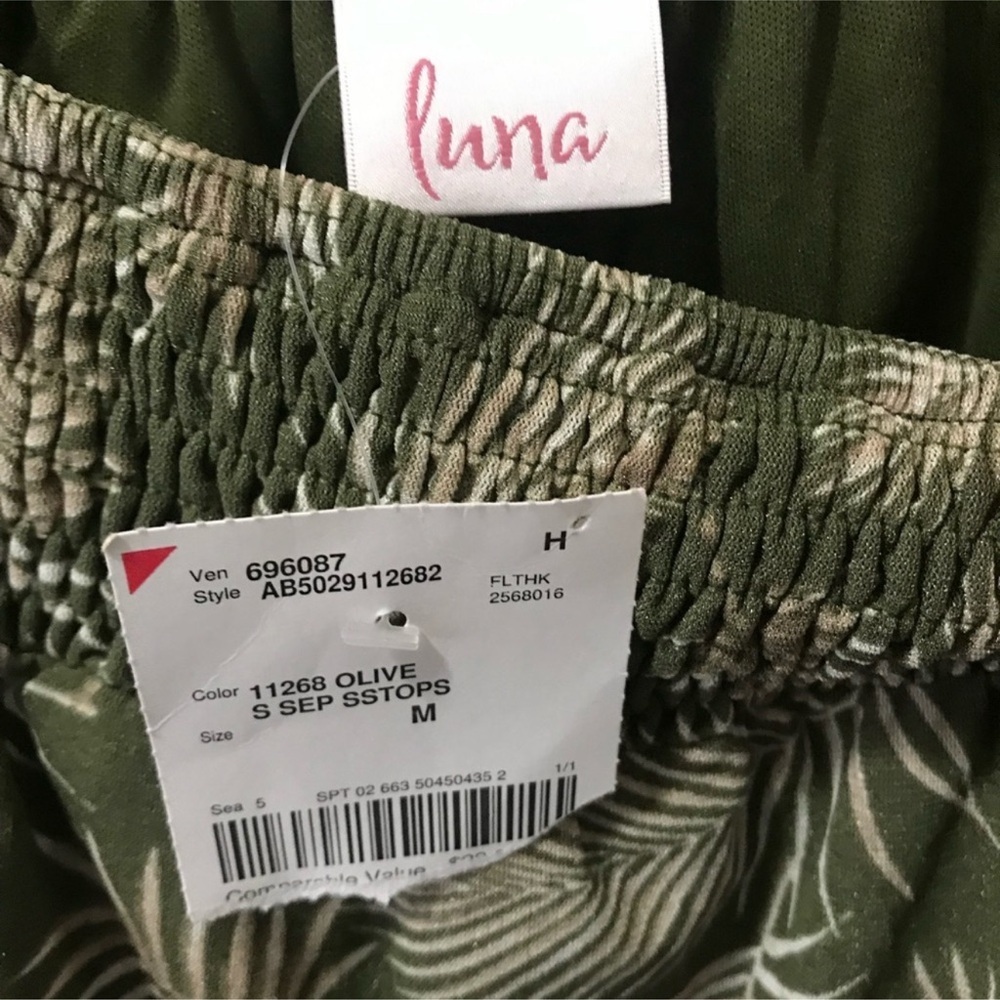 NWT Luna Palm Print Olive Blouse With Elastic Square Neckline Women Size Medium‎ - Picture 2 of 6